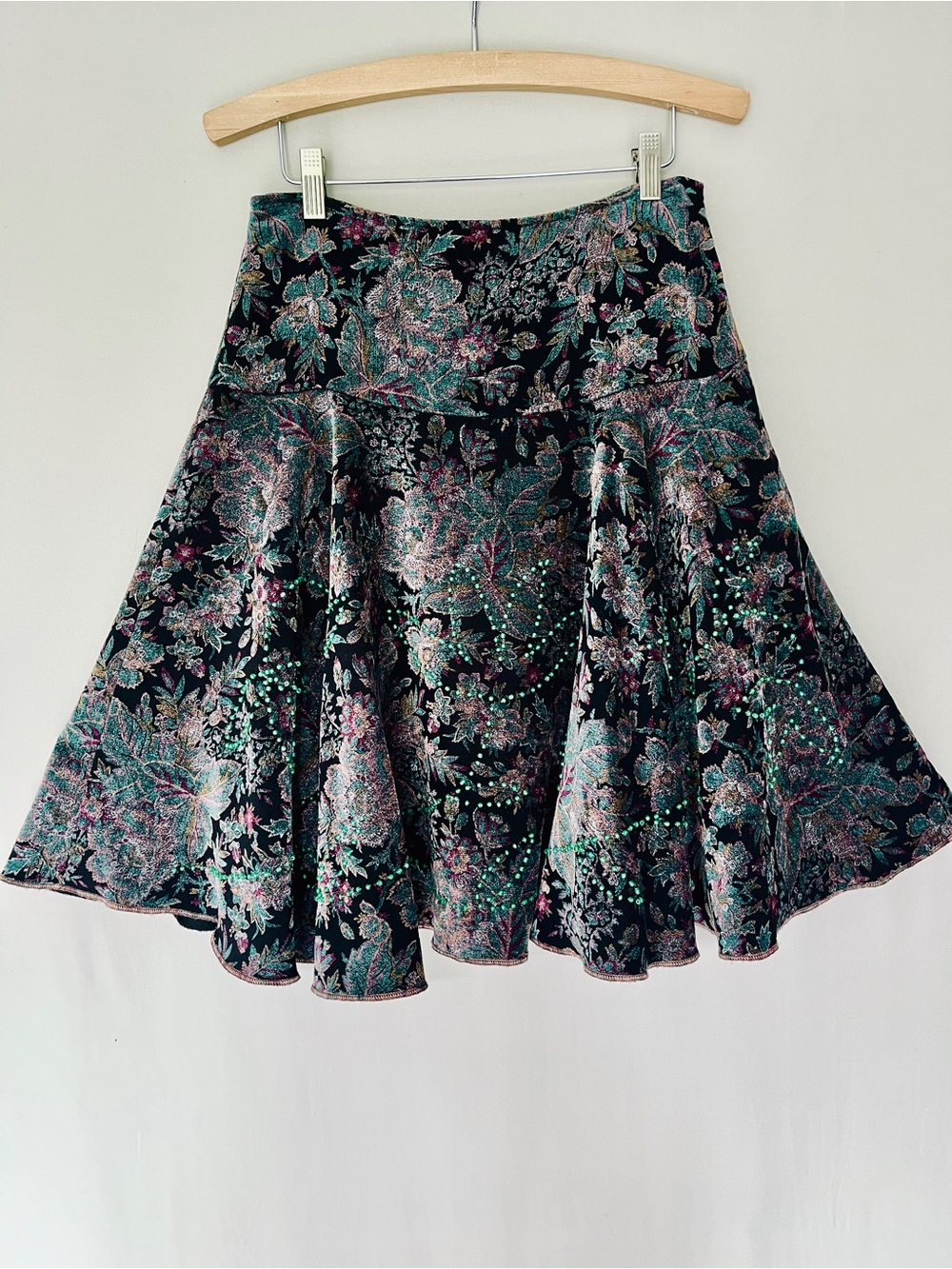 Vintage Floral Burnout Velvet Glass Beaded Midi Skirt Whimsigoth